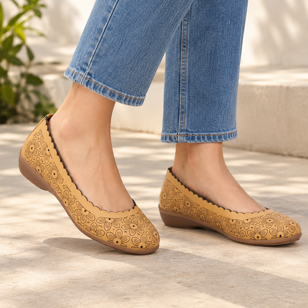 Giva Perforated Cushioned Leather Ballerinas in Yellow - The Heels India