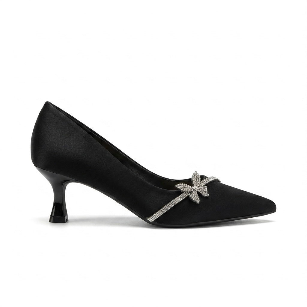 Pointed Toe Kitten Heel Pump with Crystal Butterfly