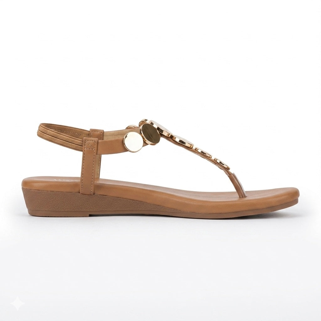Erica Metallic Sphere Back Elastic Wedge Sandals