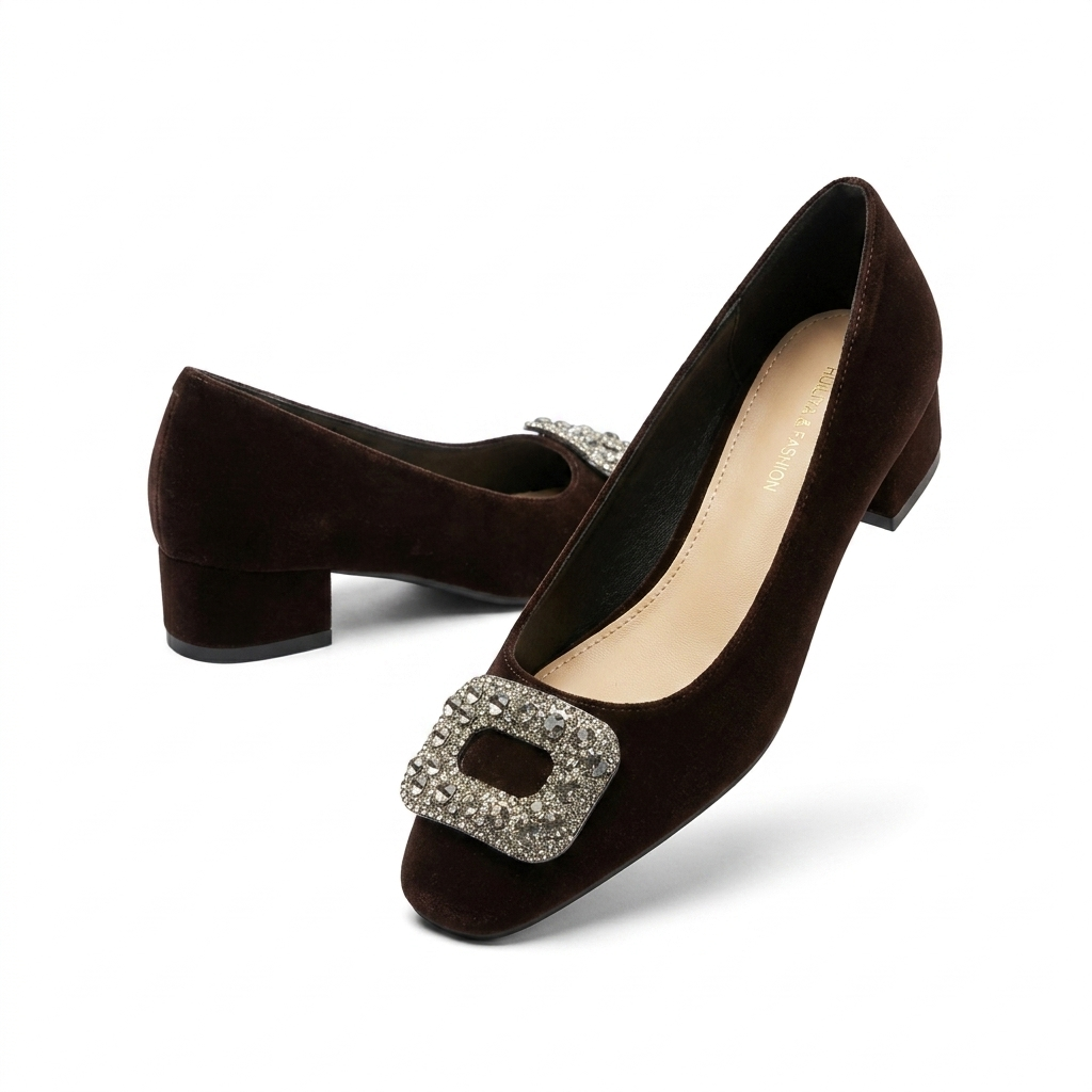 Eilish Velvet Block Heel Bling Pumps - The Heels India