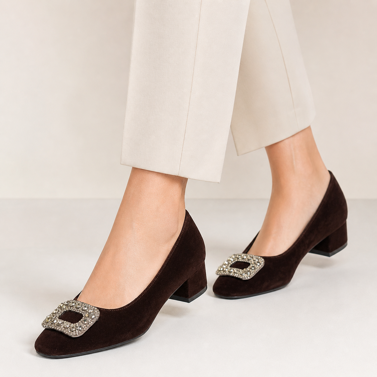 Eilish Velvet Block Heel Bling Pumps - The Heels India