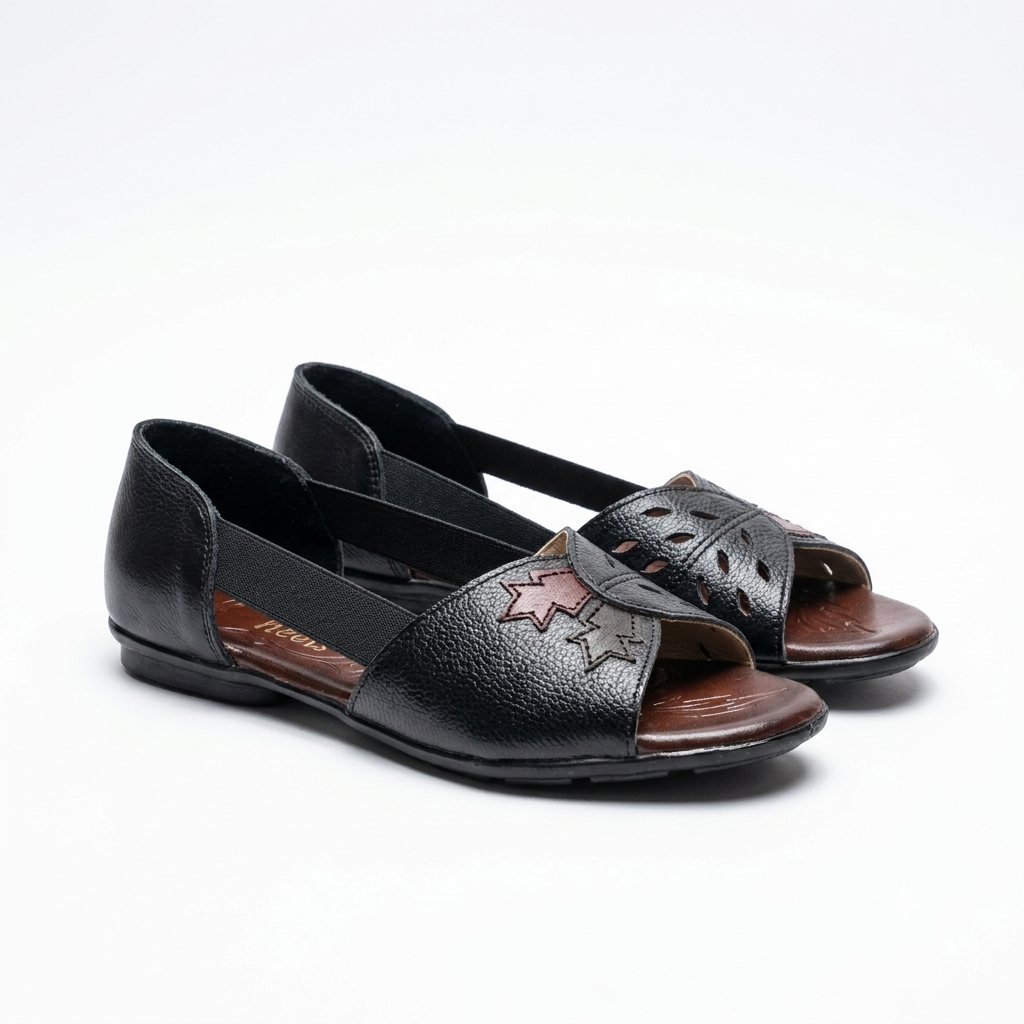 Autumn Leather Peep Toe Side Elastic Ballerinas in Black - The Heels India