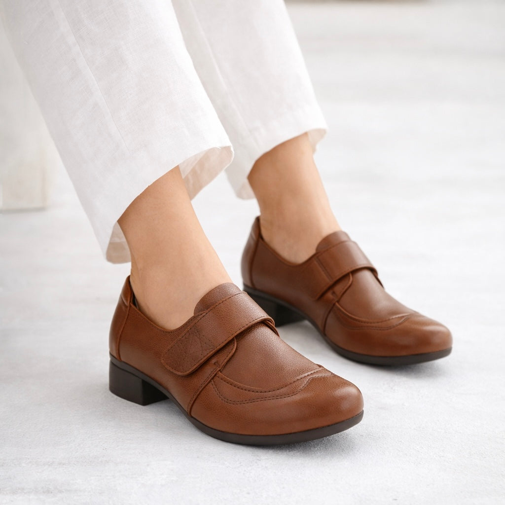 Sasha Premium Leather Velcro Strap Mid Heel Loafers