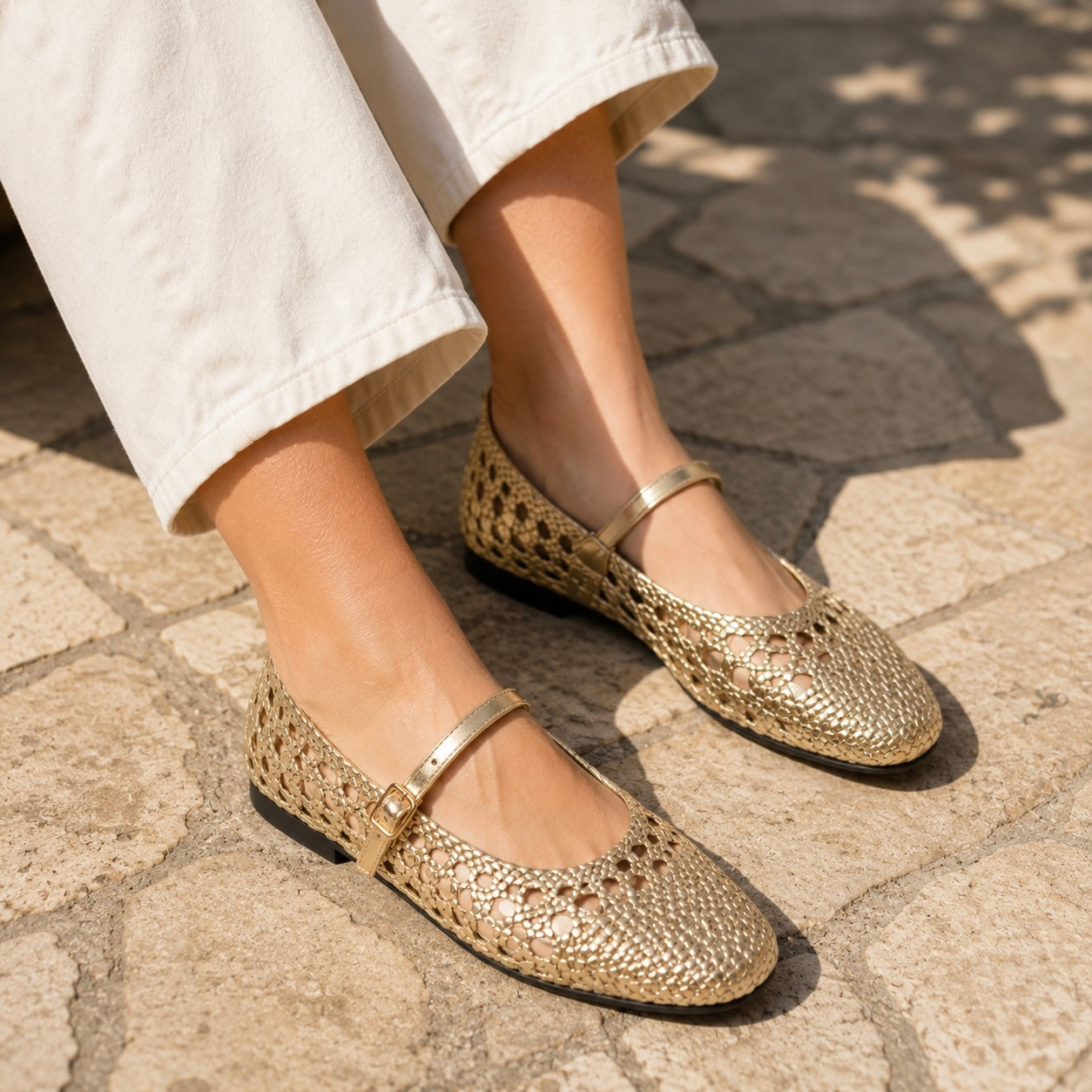 Meraki 2.0 Mesh Flat Mary Jane Leather Ballerinas Gold - The Heels India