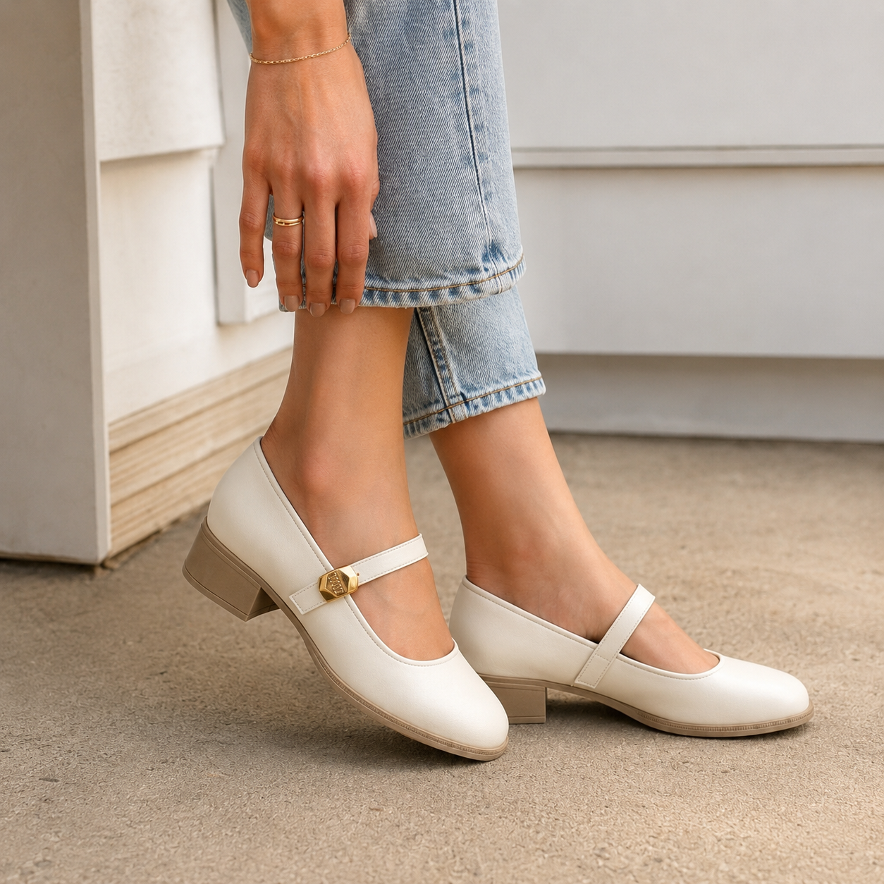Menzy Beige Mary Jane Block Heel Loafers - Editorial Shot