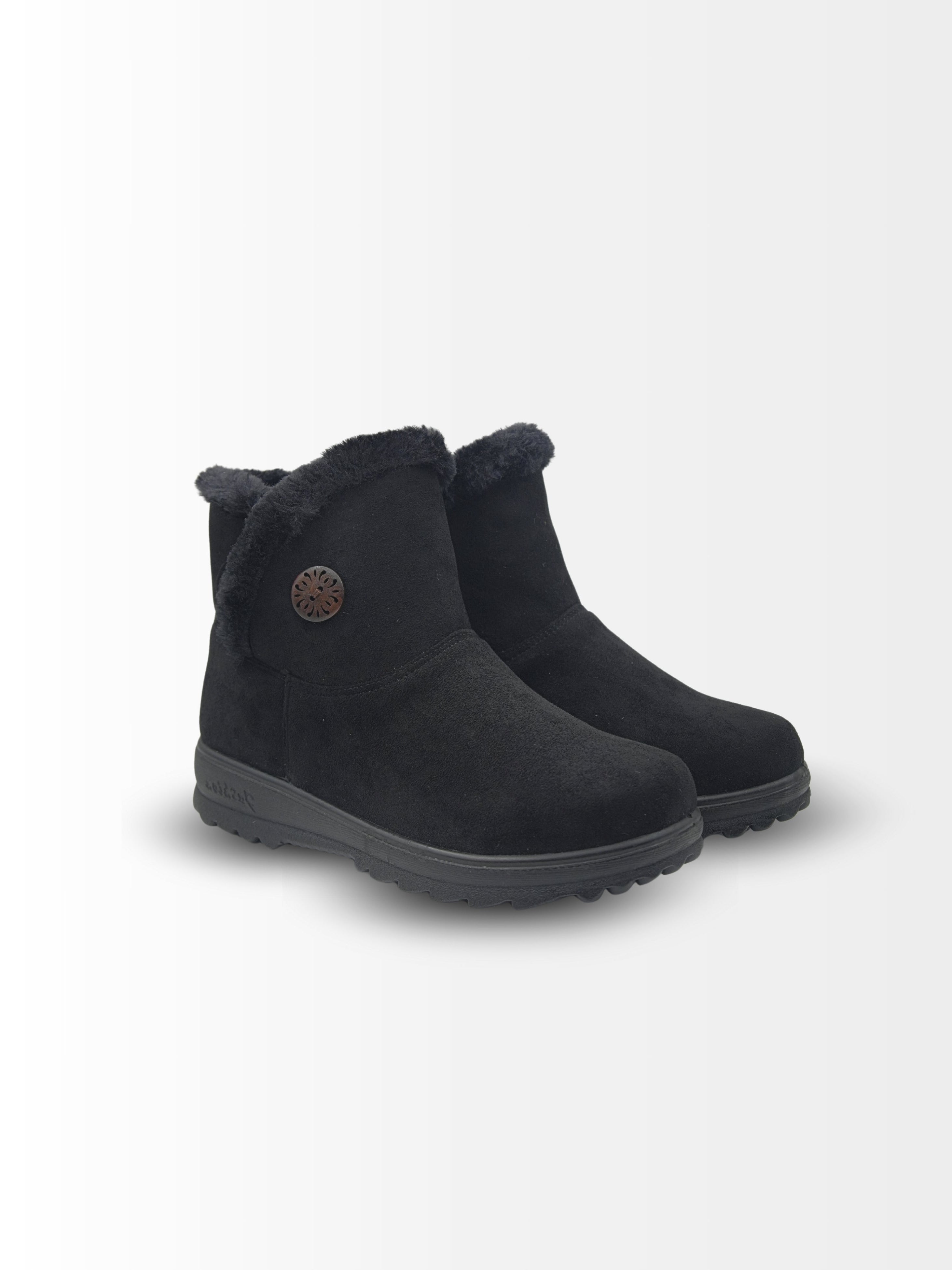 Black ankle boots with fur trim on a white background