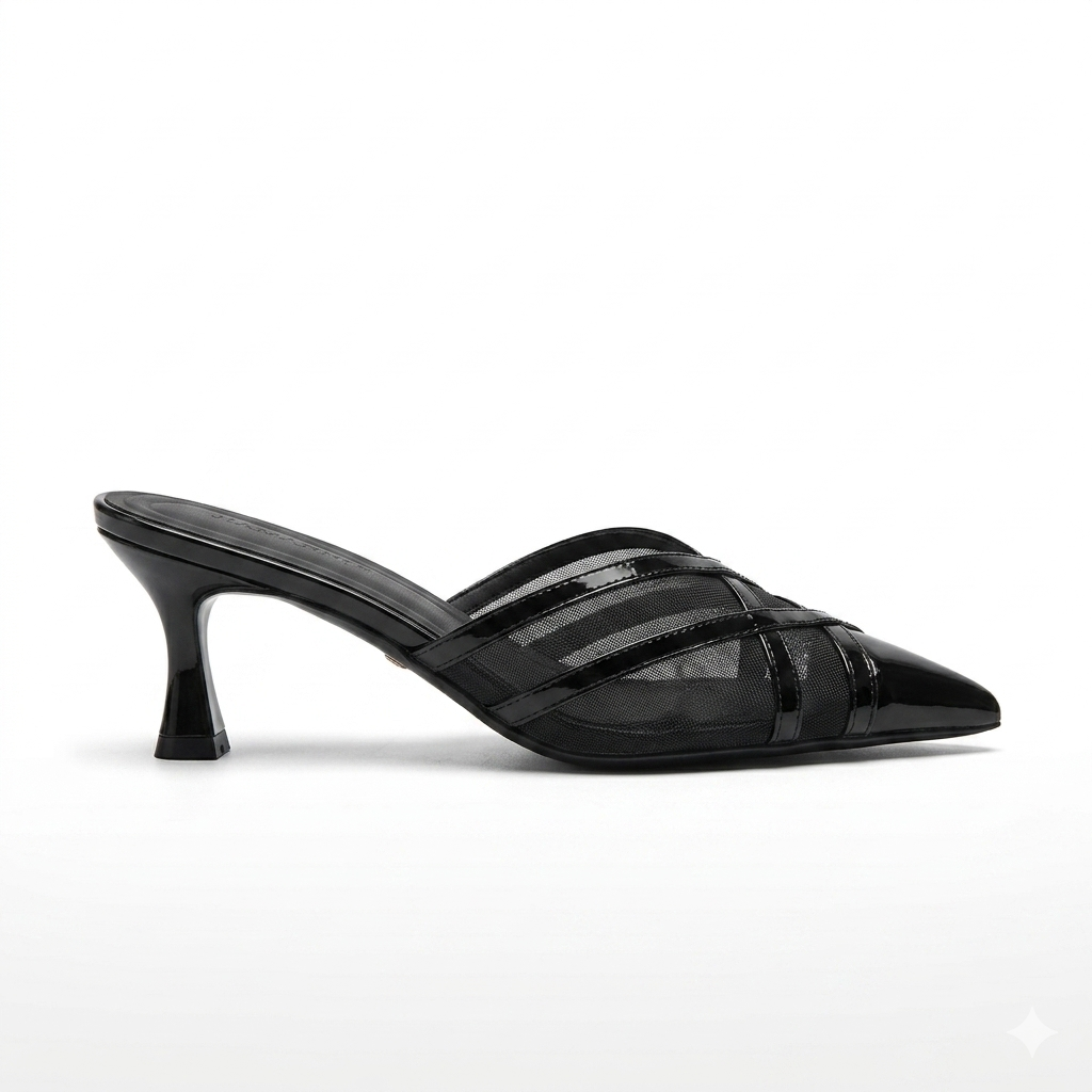 Audrey Criss Cross Back Open Mesh Patent Kitten Heel Mules