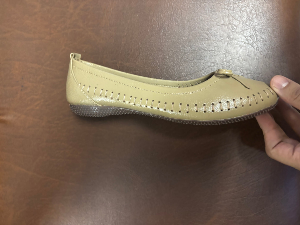 Melissa Leather Stitch Bow Flat Ballerinas in Beige - The Heels India