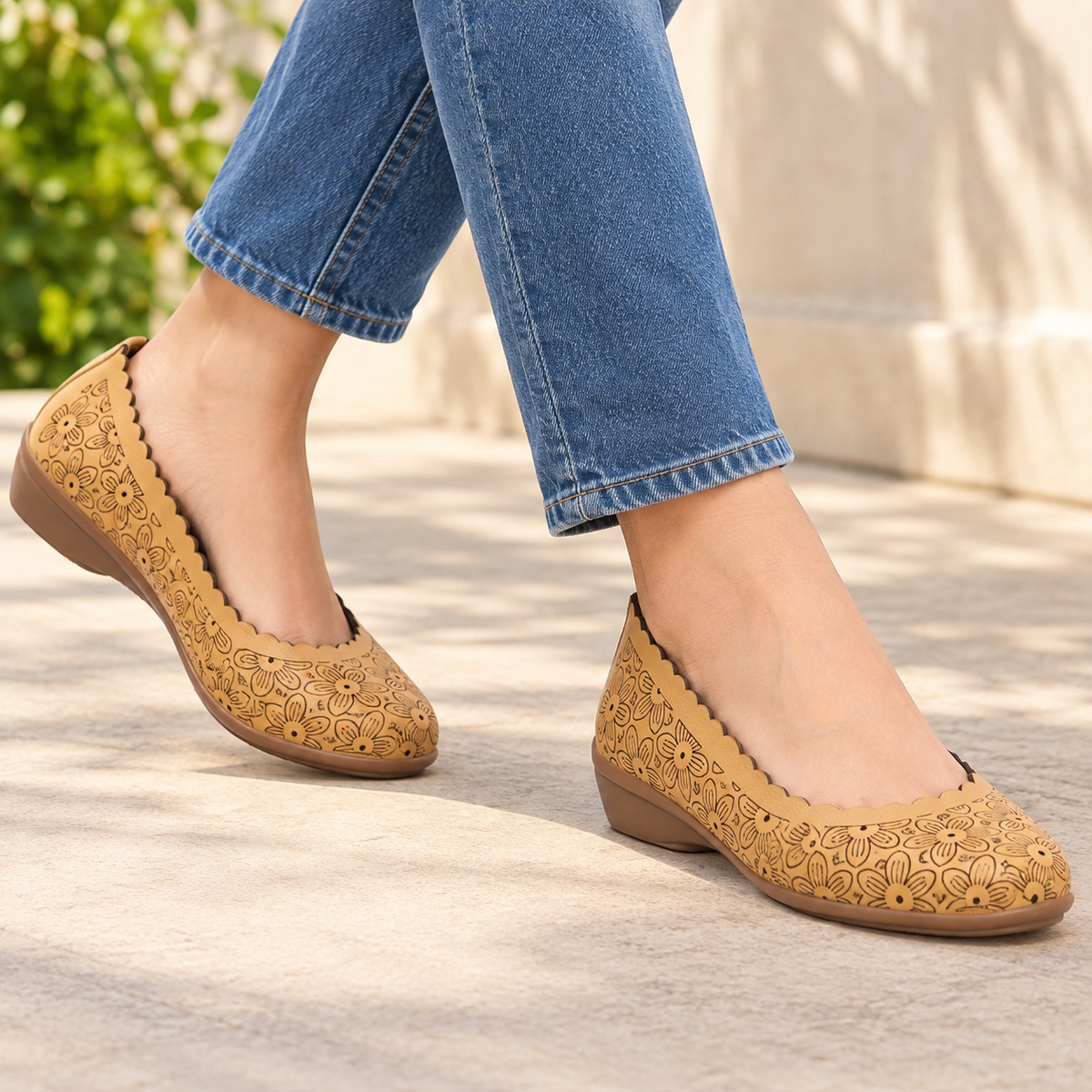 Giva Perforated Cushioned Leather Ballerinas in Yellow - The Heels India