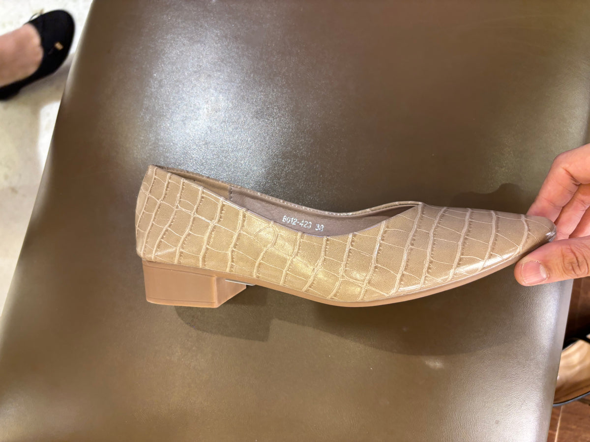 Chloe Croco Pointed Mid Heel Ballerinas in Khaki - The Heels India
