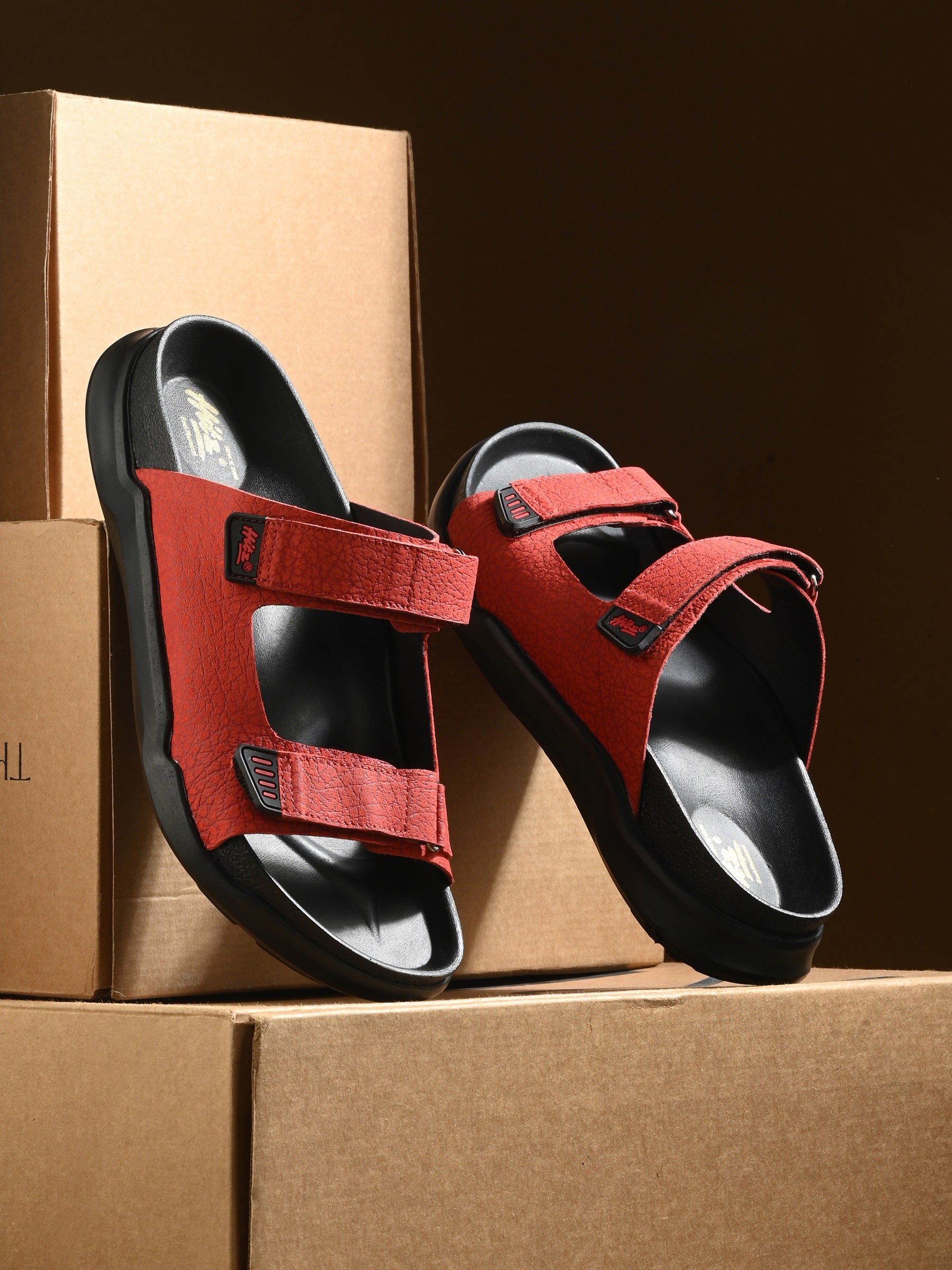 Harisson Red Leather Velcro Sliders
