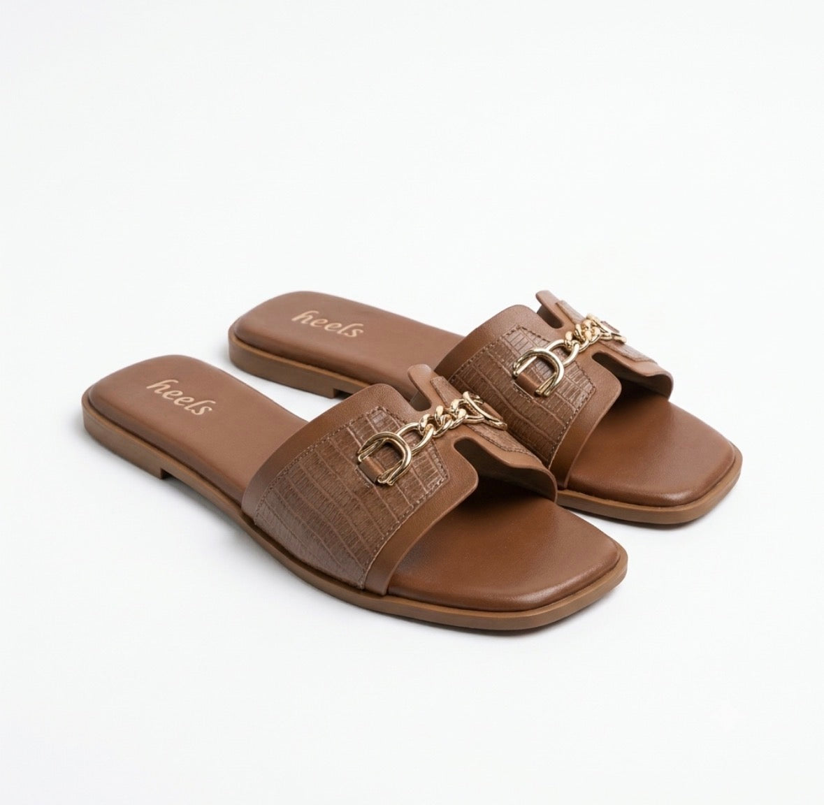 Julia Croco Chain Flat Summer Sliders in Tan - The Heels India