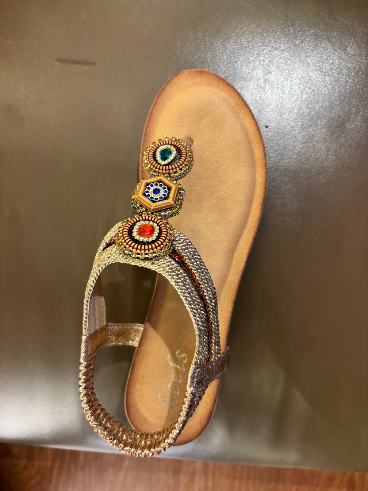 Cynthia Multy Beads Wedge Back Elastic Crochet Sandals in Champagne - The Heels India