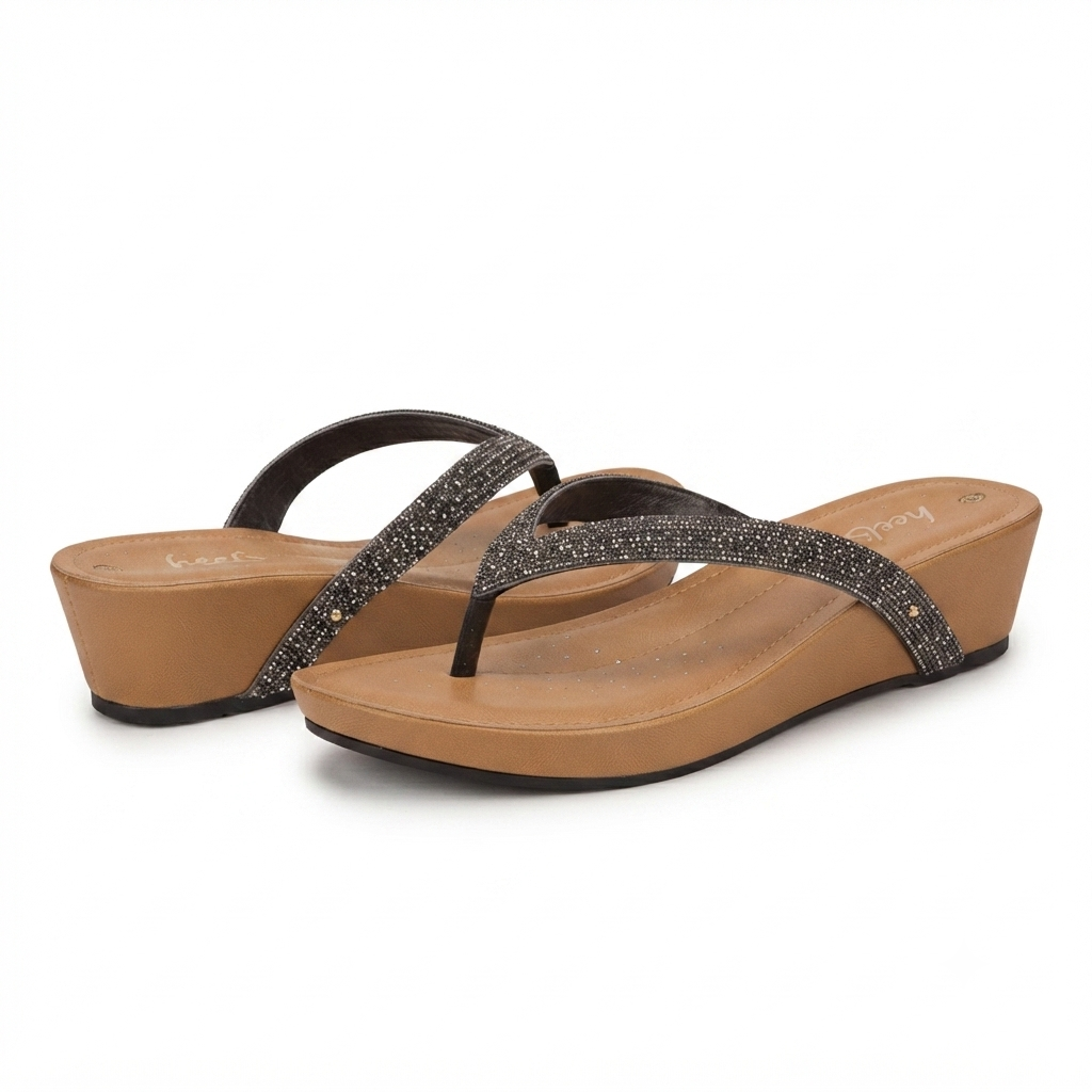 Mila Cushioned Bling V Strap Wedge Slippers