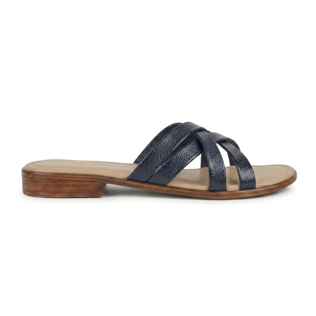 Woven Leather Flat Summer Slides Navy Blue - Front View