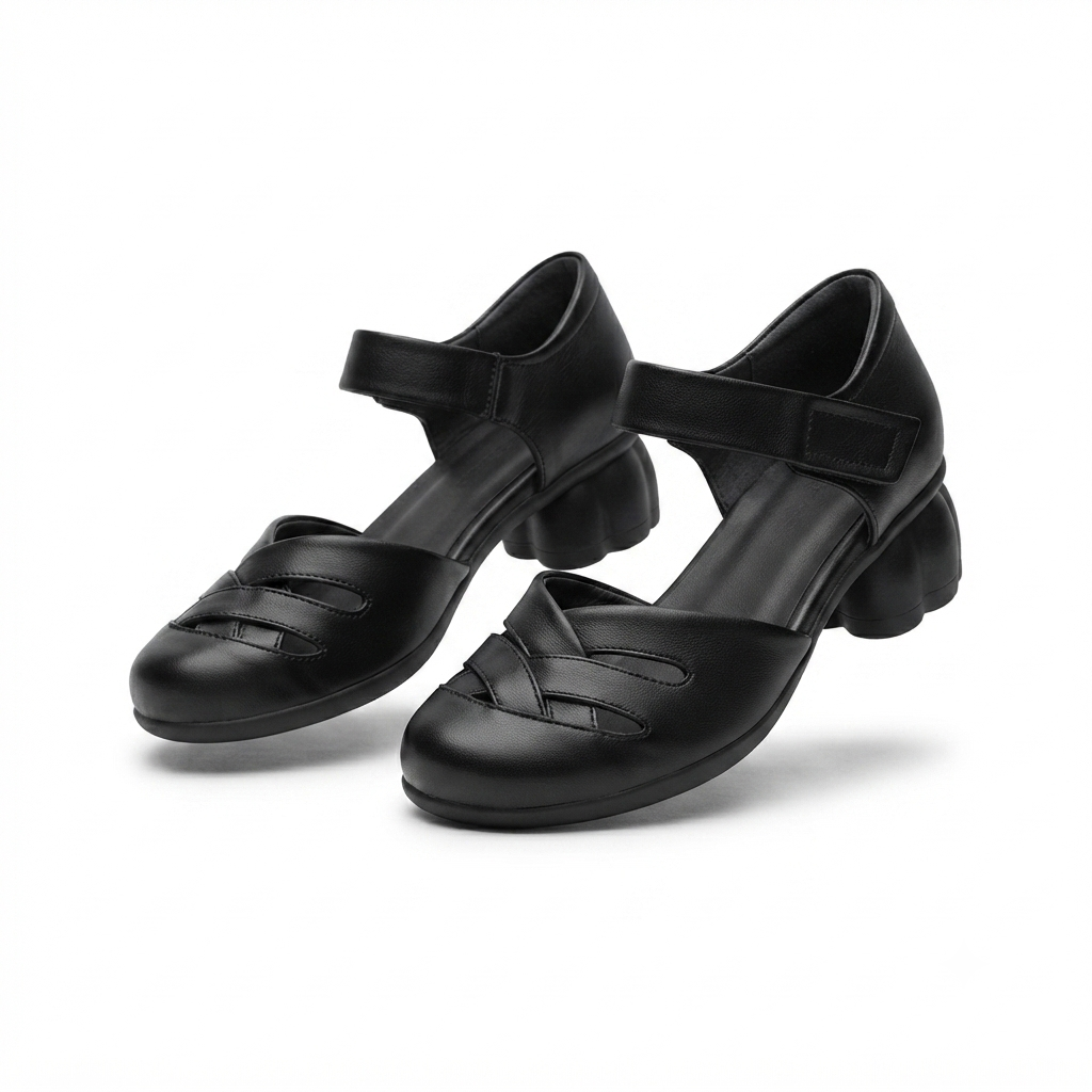 Zoe Leather Velcro Strap Cushioned Block Heel Sandals