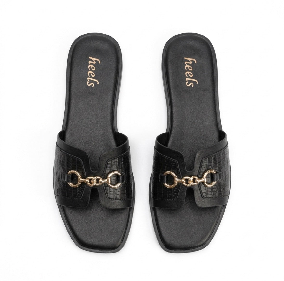 Julia Croco Chain Flat Summer Sliders in Black - The Heels India