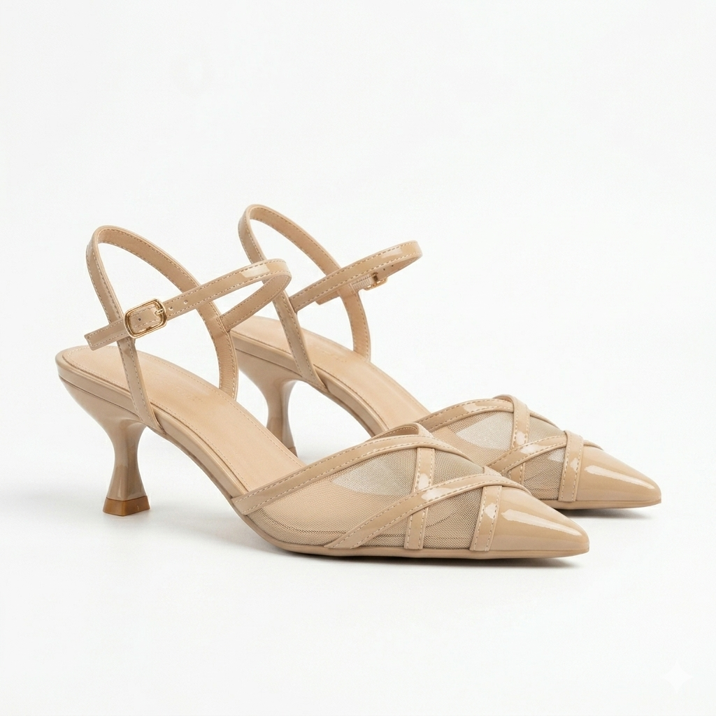 Emrata Criss Cross Mesh Patent Kitten Heels