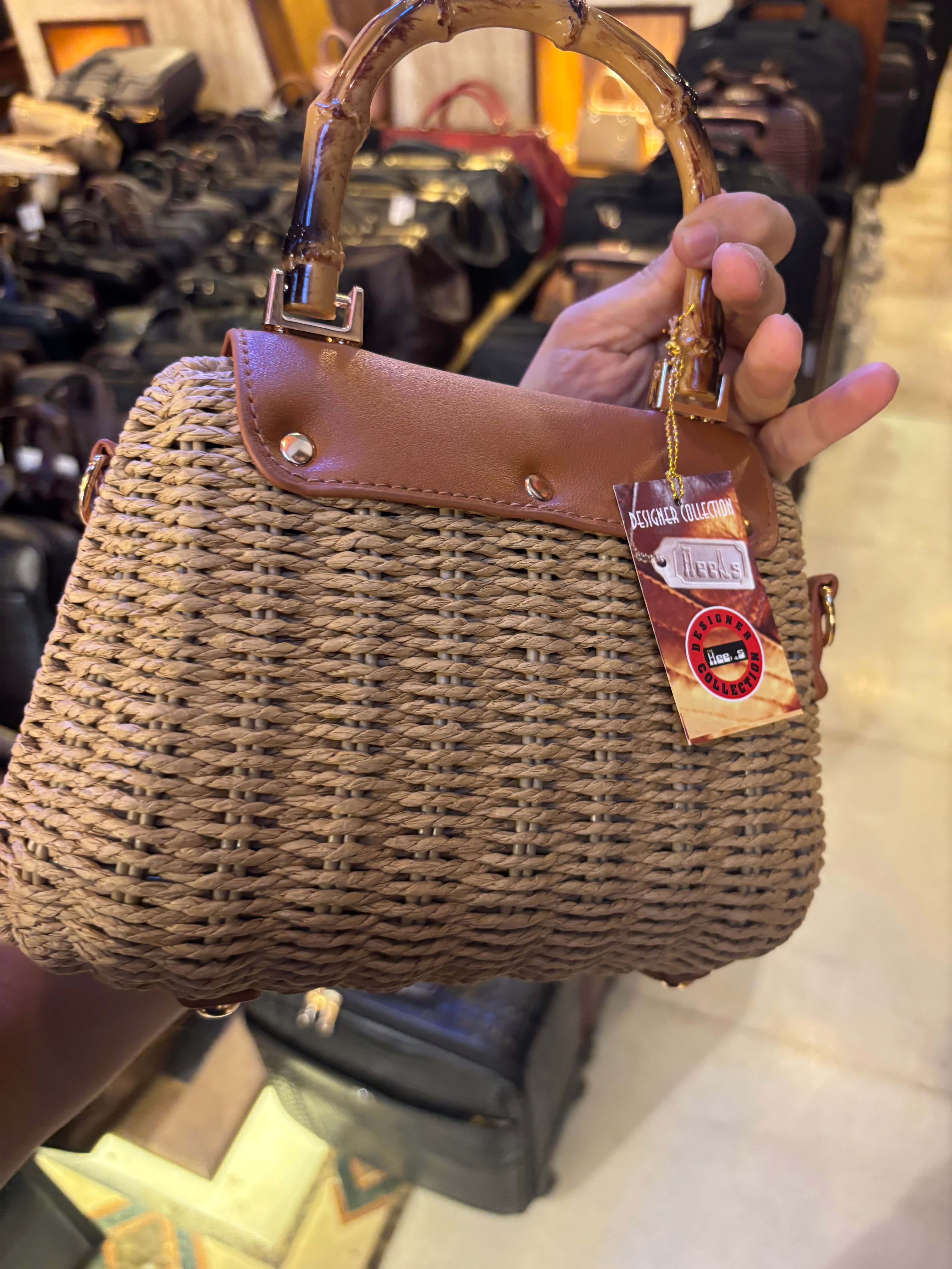 Wooden Handle Boho Straw Sling Bags
