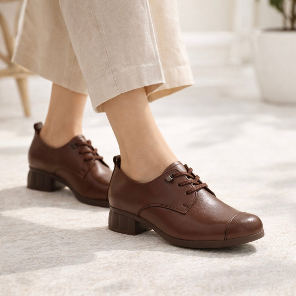 Barbara Premium Leather Lace Up Mid Heel Loafers