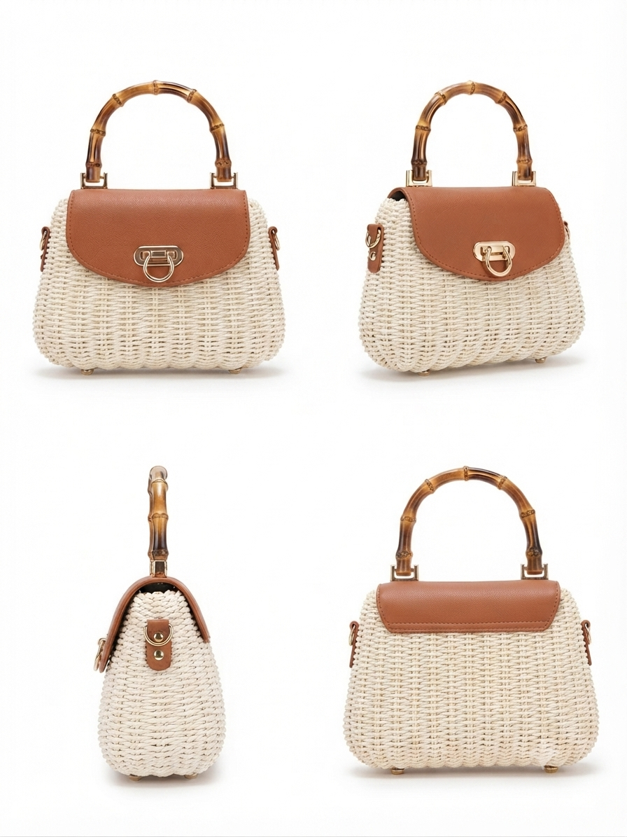 Wooden Handle Boho Straw Sling Bags