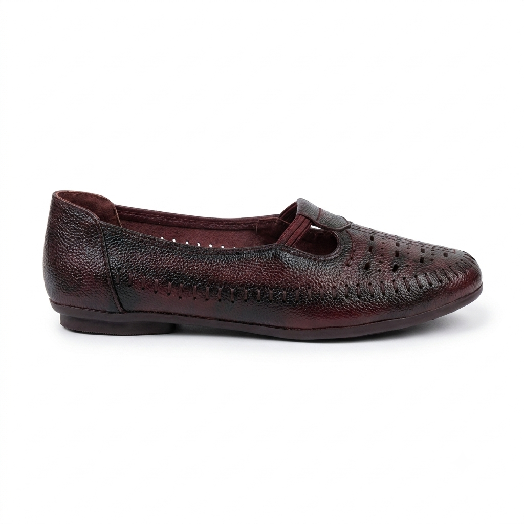 Nida Leather Elastic Perforated Loafers in Maroon - The Heels India