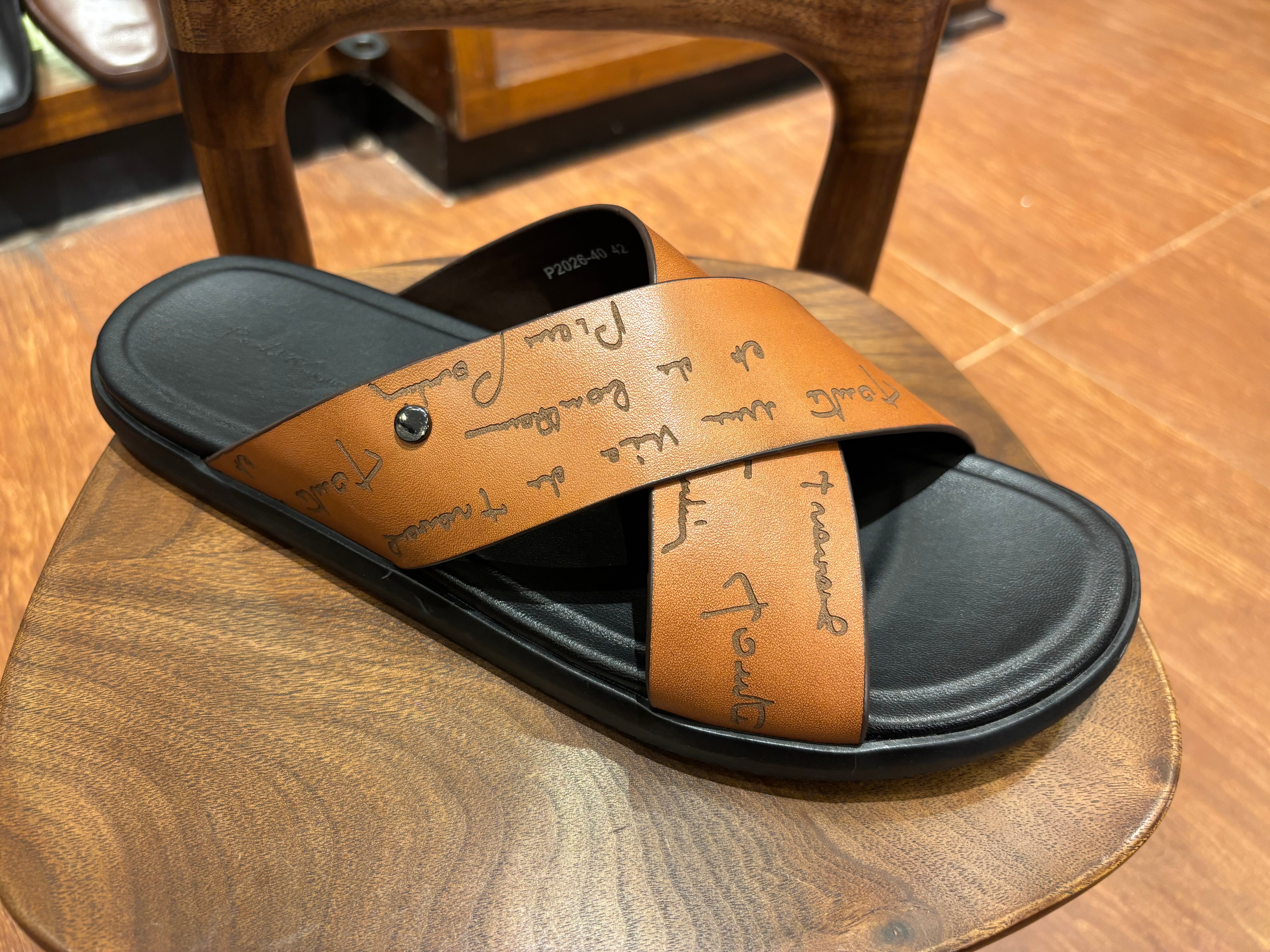 Lucas Premium Engraved Leather Double Strap Cross Slippers