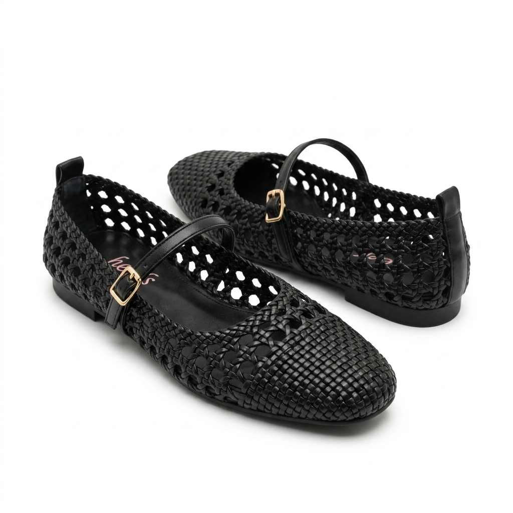 Meraki 2.0 Mesh Flat Mary Jane Leather Ballerinas Black - The Heels India
