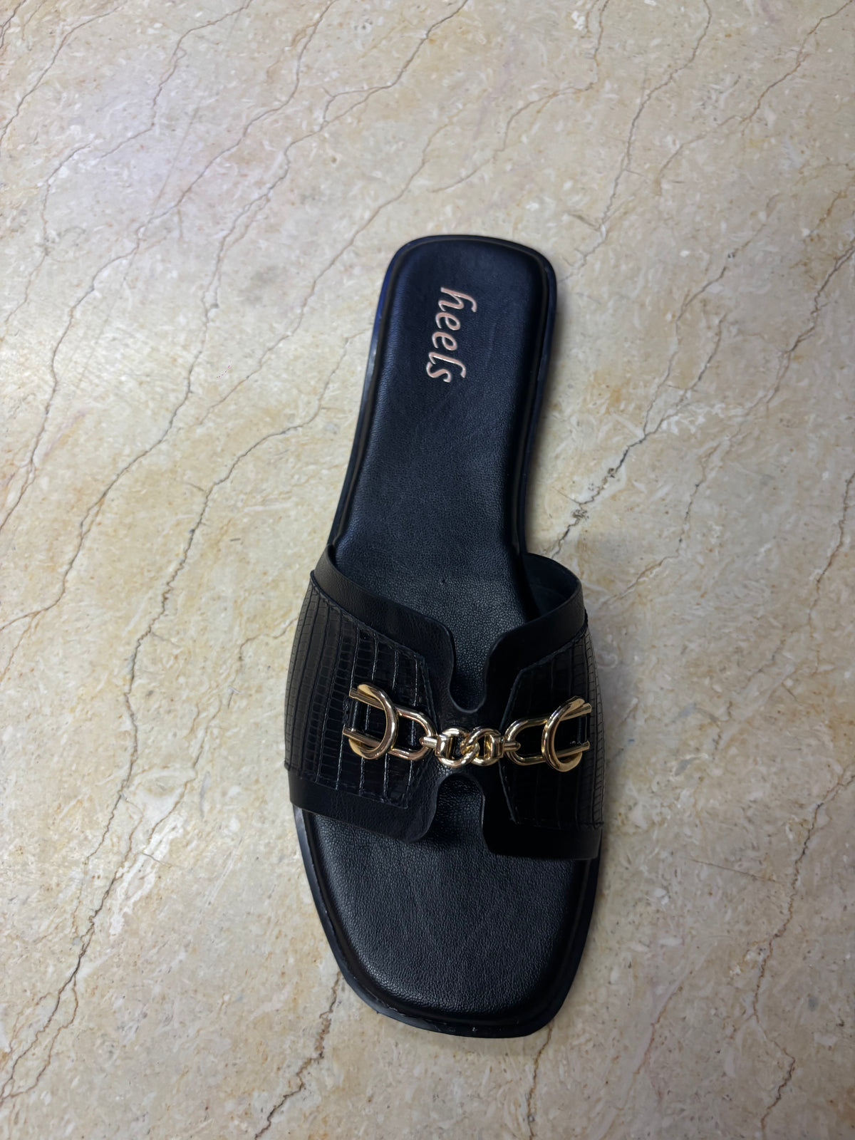 Julia Croco Chain Flat Summer Sliders in Black - The Heels India