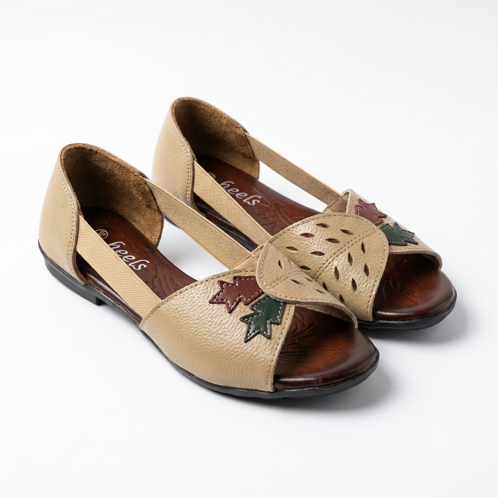 Autumn Leather Peep Toe Side Elastic Ballerinas in Beige - The Heels India