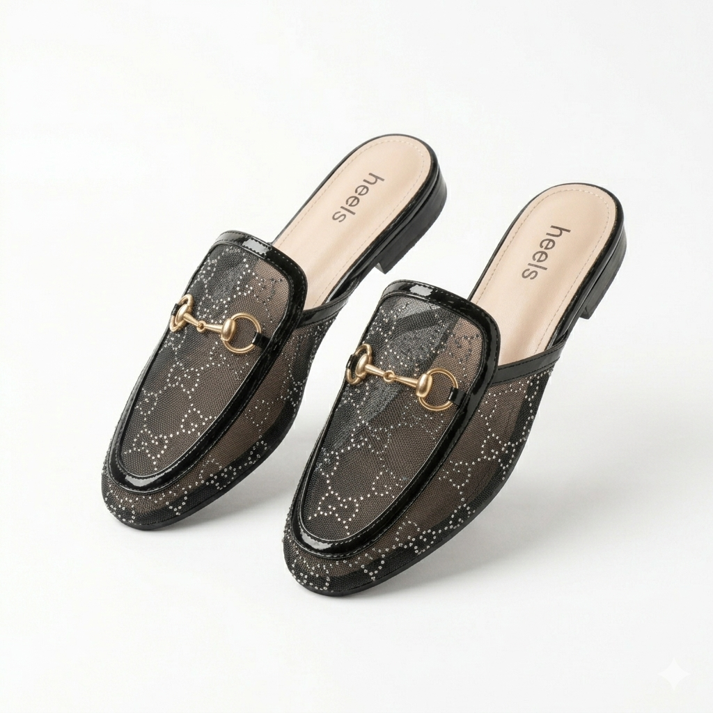 Leto Cushioned Back Open Bling Mesh Mules - The Heels India