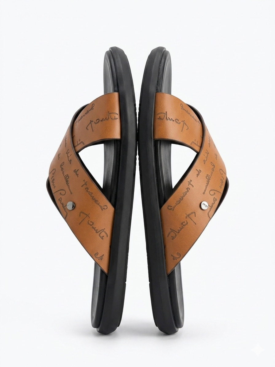 Lucas Premium Engraved Leather Double Strap Cross Slippers