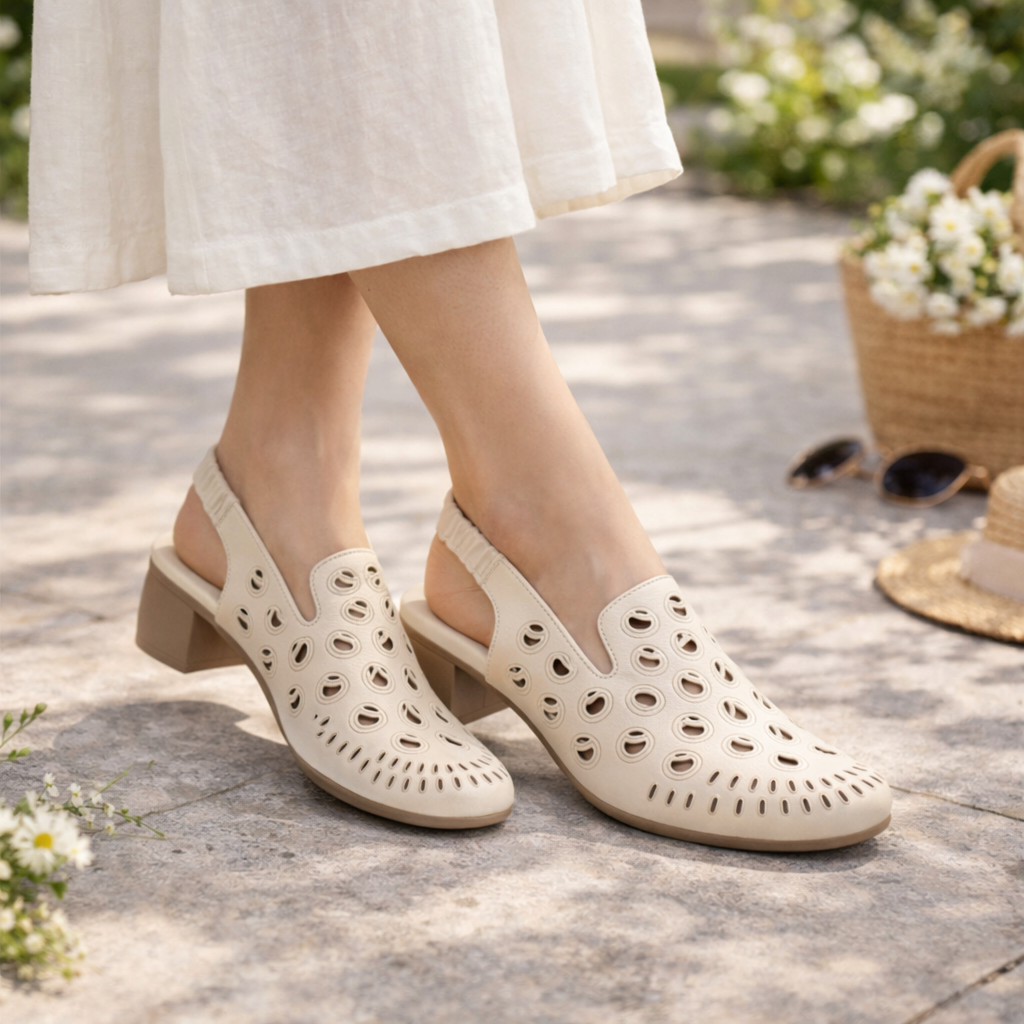 Sakina Premium Leather Perforated Slingback Summer Sandals - The Heels India