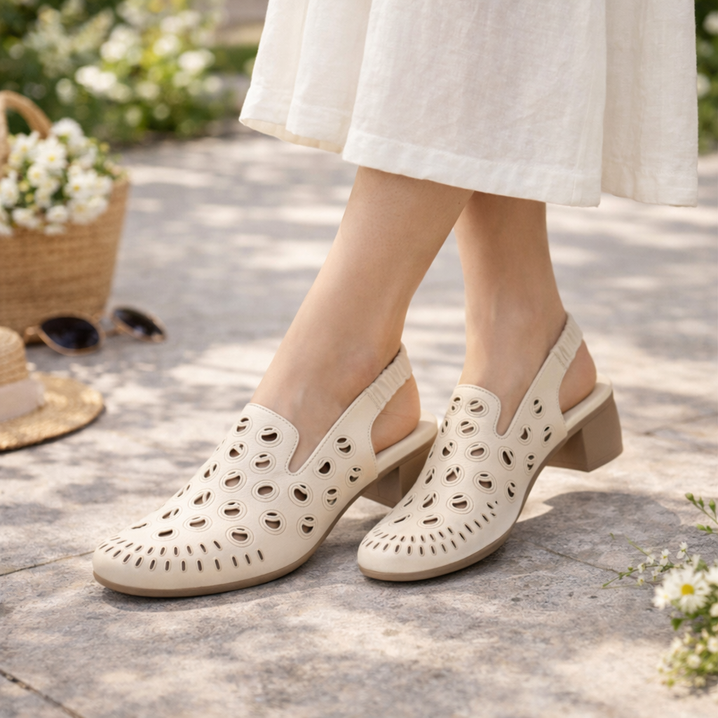 Sakina Premium Leather Perforated Slingback Summer Sandals - The Heels India