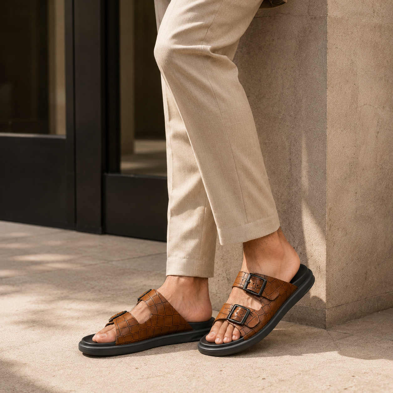 Lacroix Premium Leather Double Strap Sliders