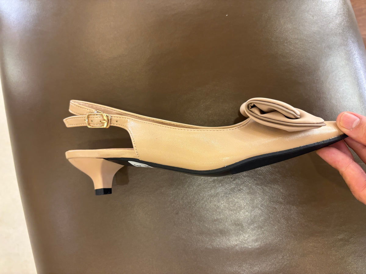 Brie Bow Mini Premium Slingback Kitten Heels in Dark Beige - The Heels India