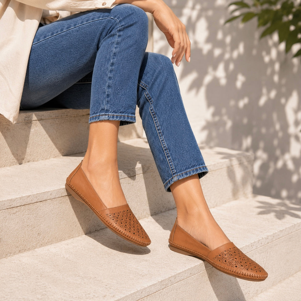 Alvira Perforated Cushioned Leather Ballerinas in Tan - The Heels India
