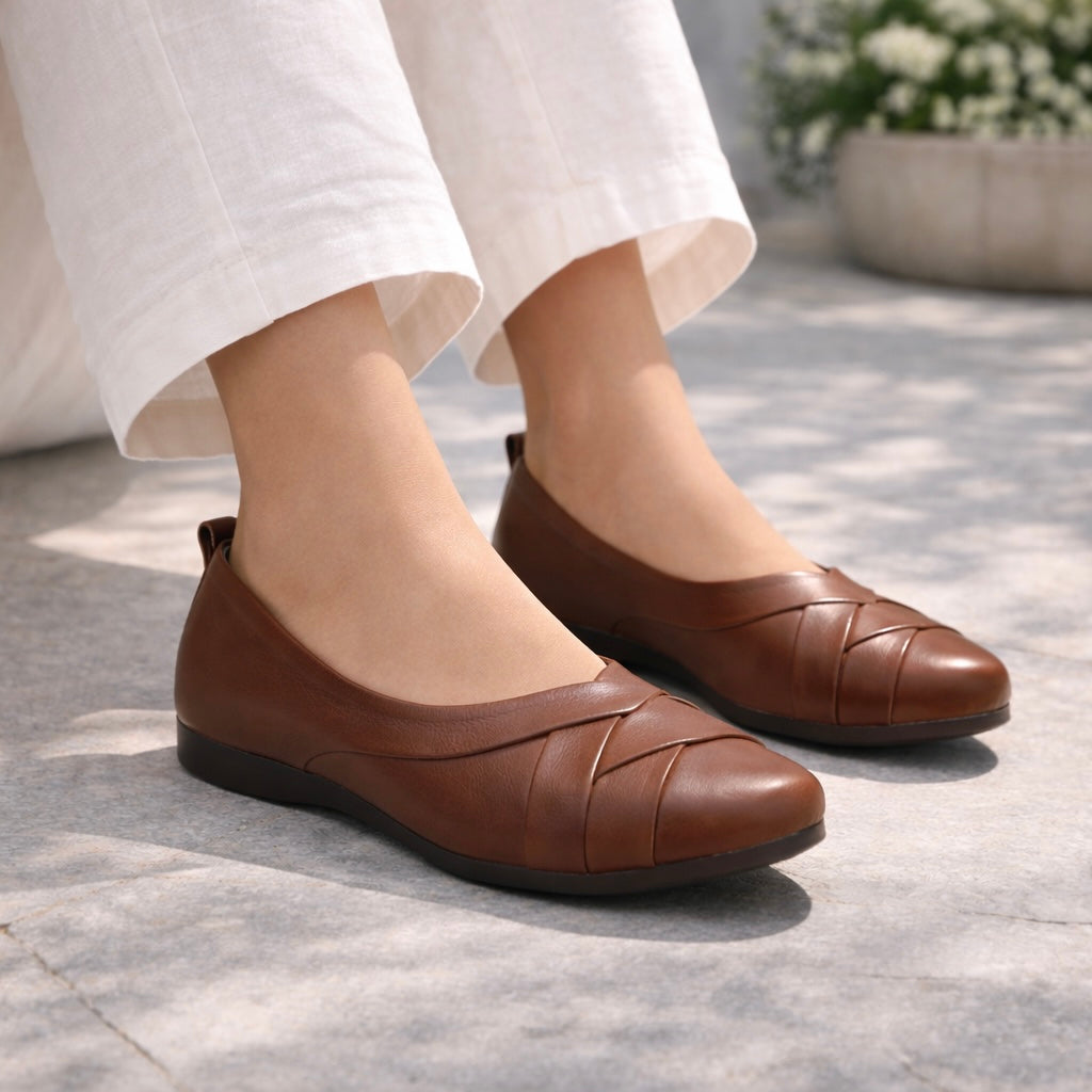 Audrey Premium Leather CrissCross Flat Cushioned Ballerinas