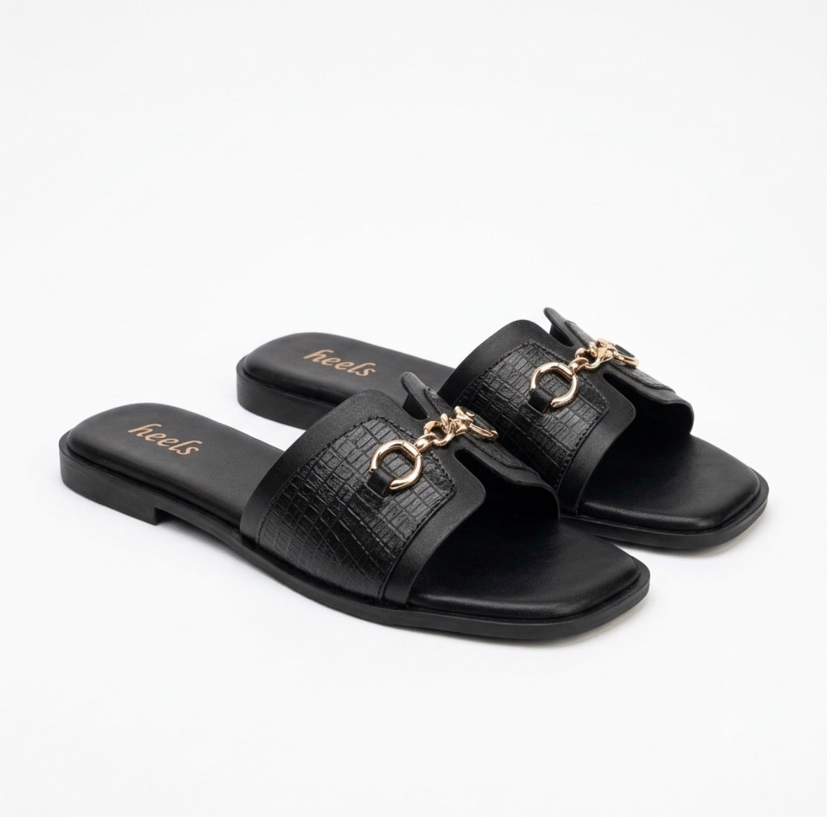 Julia Croco Chain Flat Summer Sliders in Black - The Heels India