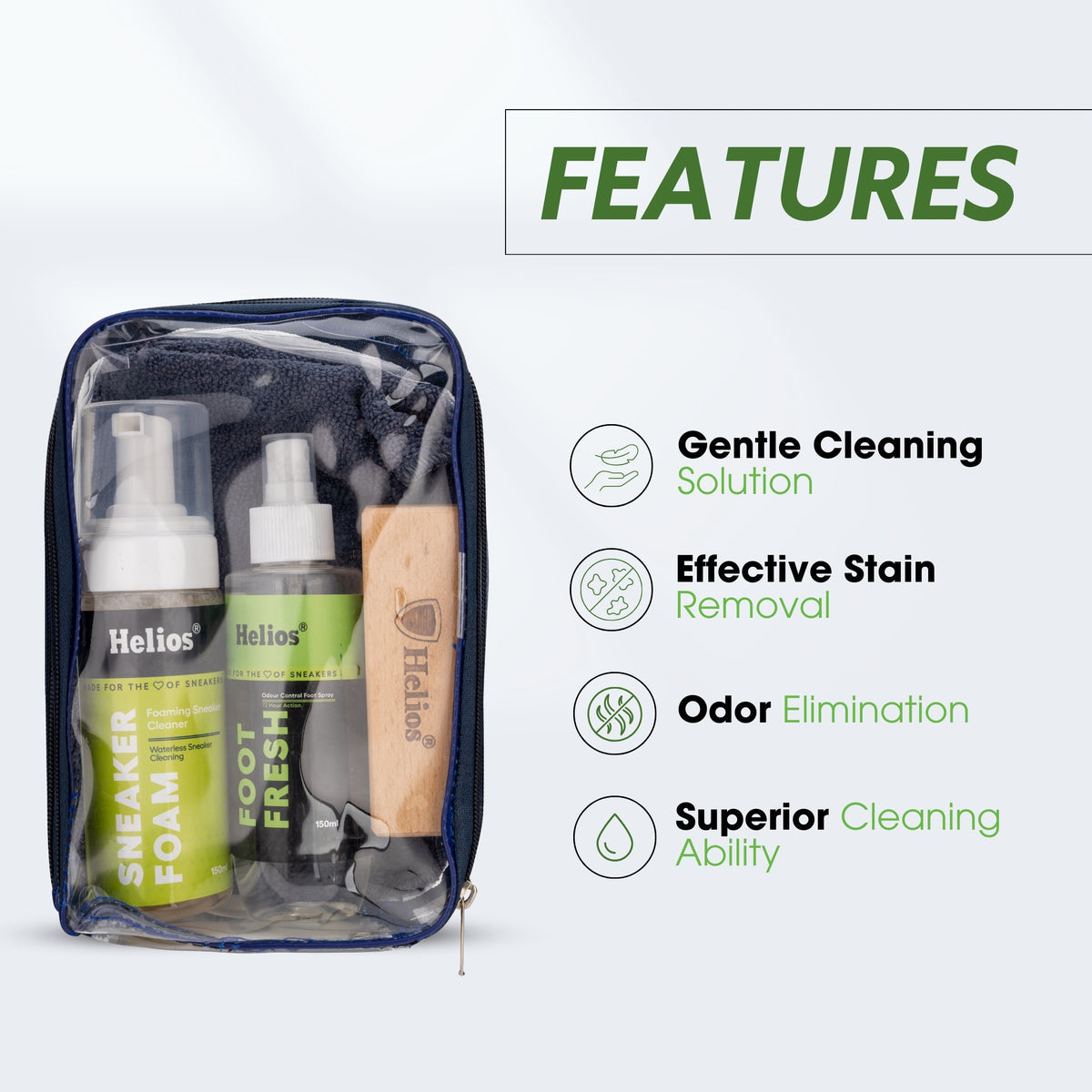 HELIOS ADVANCED SPORT & SNEAKER CLEANER KIT WITH MICRO FIBER CLOTH & FOOT FRESH.