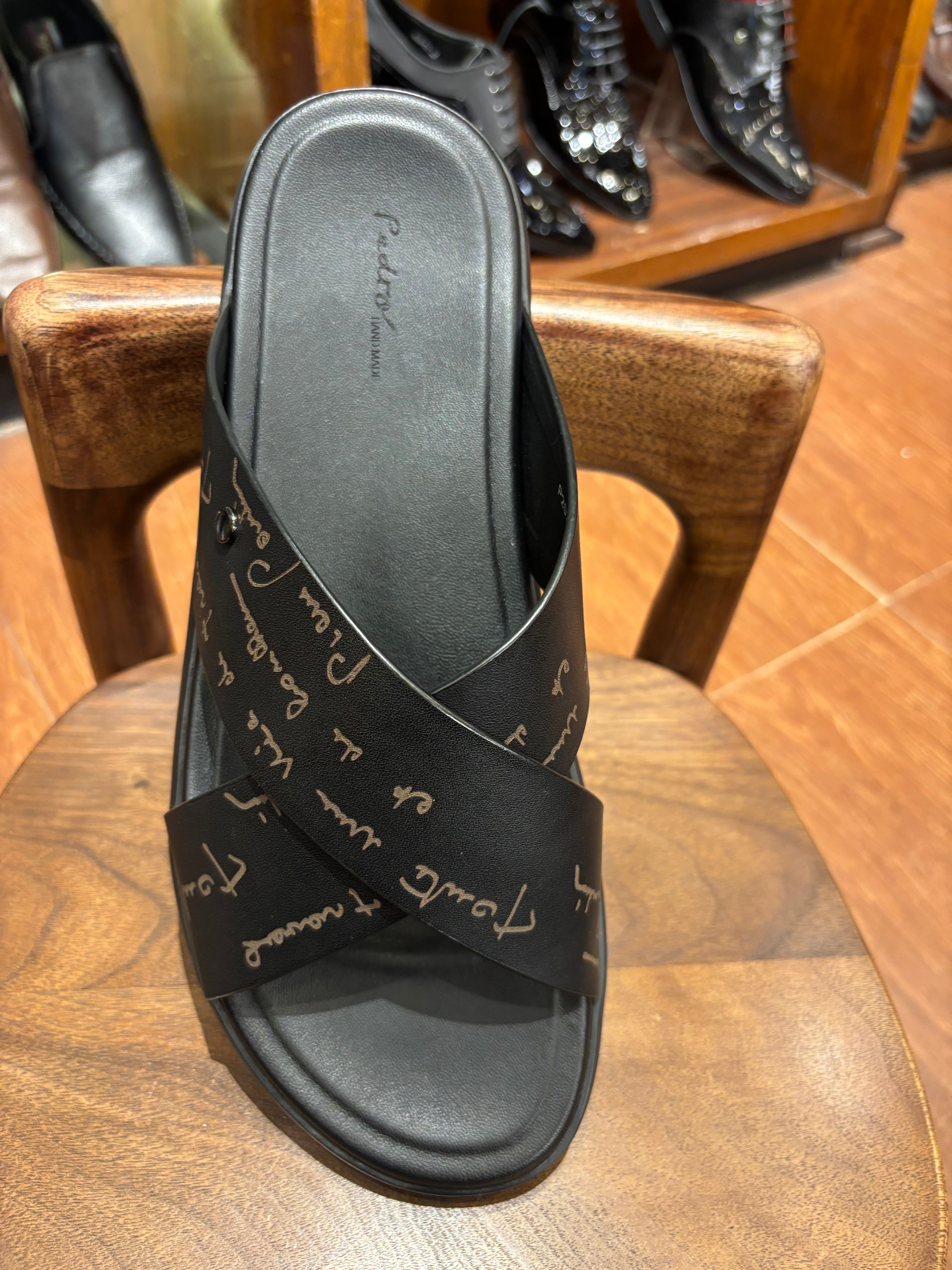 Lucas Premium Engraved Leather Double Strap Cross Slippers