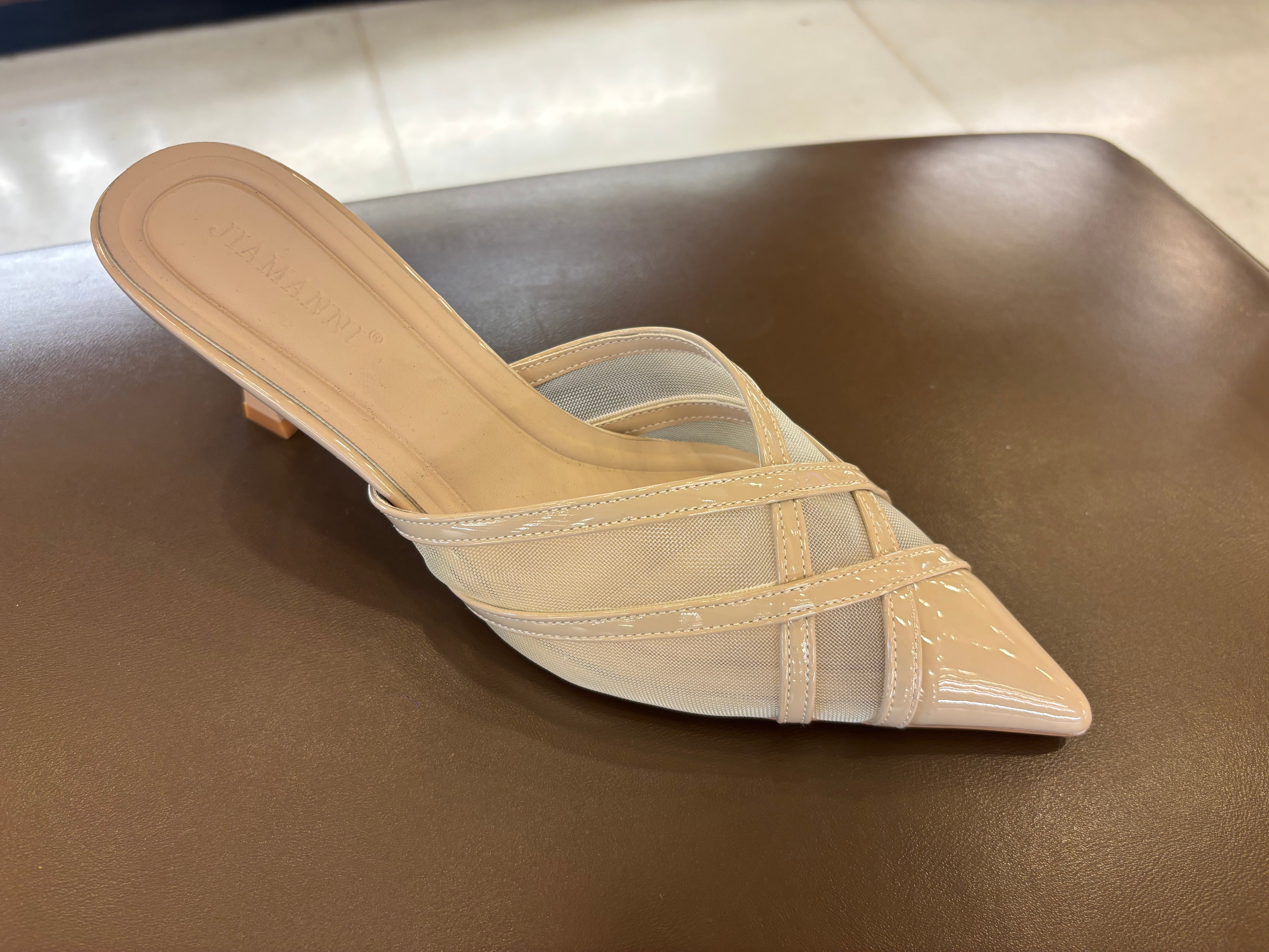Audrey Criss Cross Back Open Mesh Patent Kitten Heel Mules