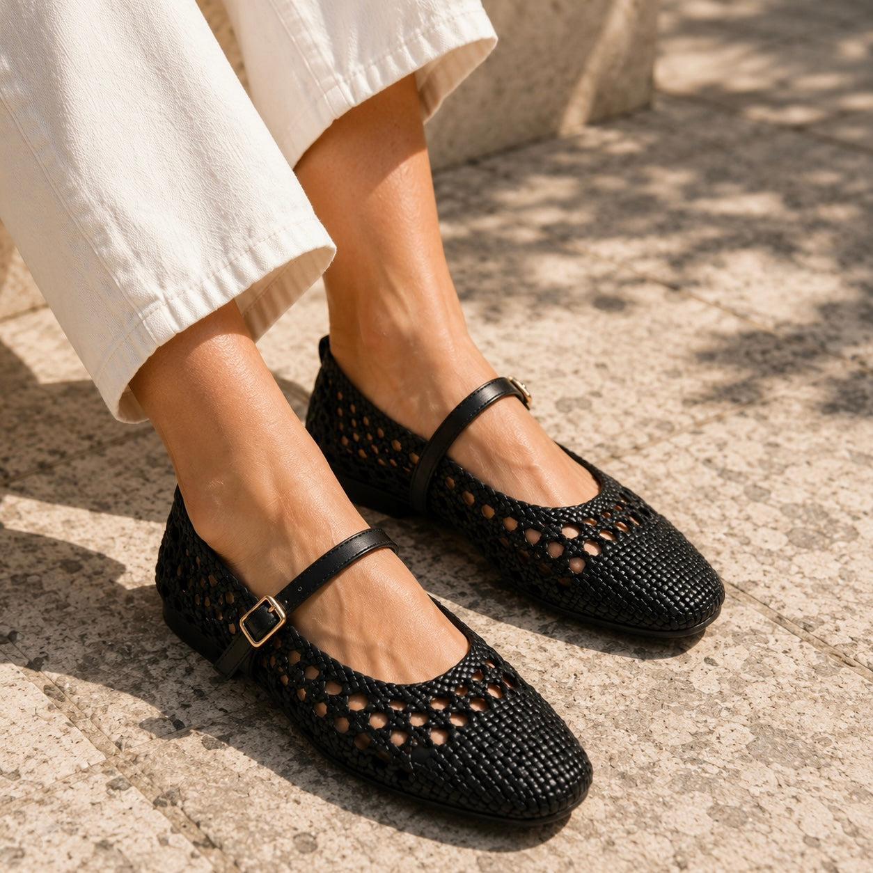Meraki 2.0 Premium Mesh Flat Mary Jane Leather Ballerinas