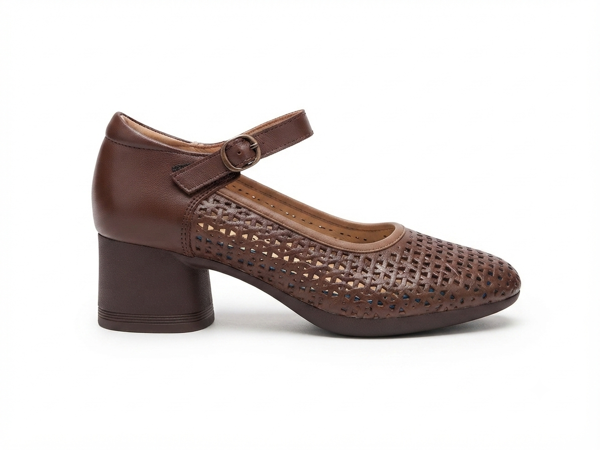 Reya Premium Leather Perforated Ankle Strap Block Heel Sandals