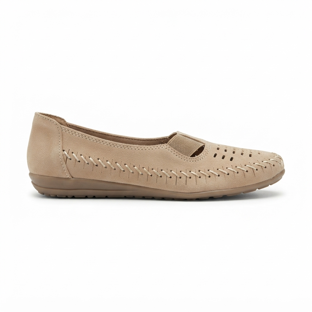 Paulina Nubuk Perforated Leather Ballerinas in Chikoo - The Heels India