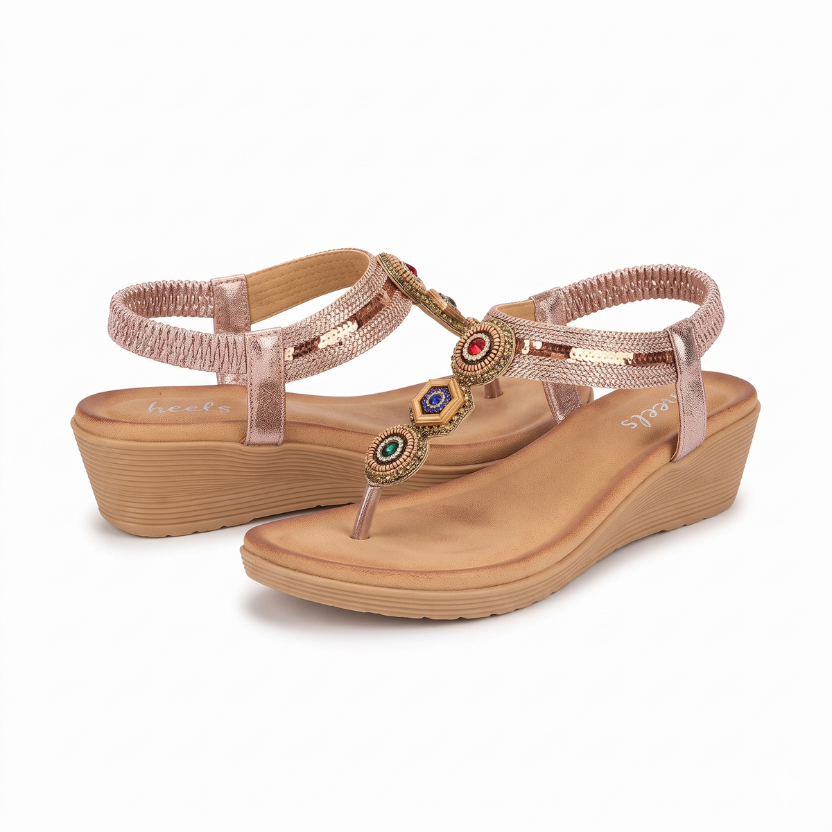 Cynthia Multy Beads Wedge Back Elastic Crochet Sandals in Pink - The Heels India