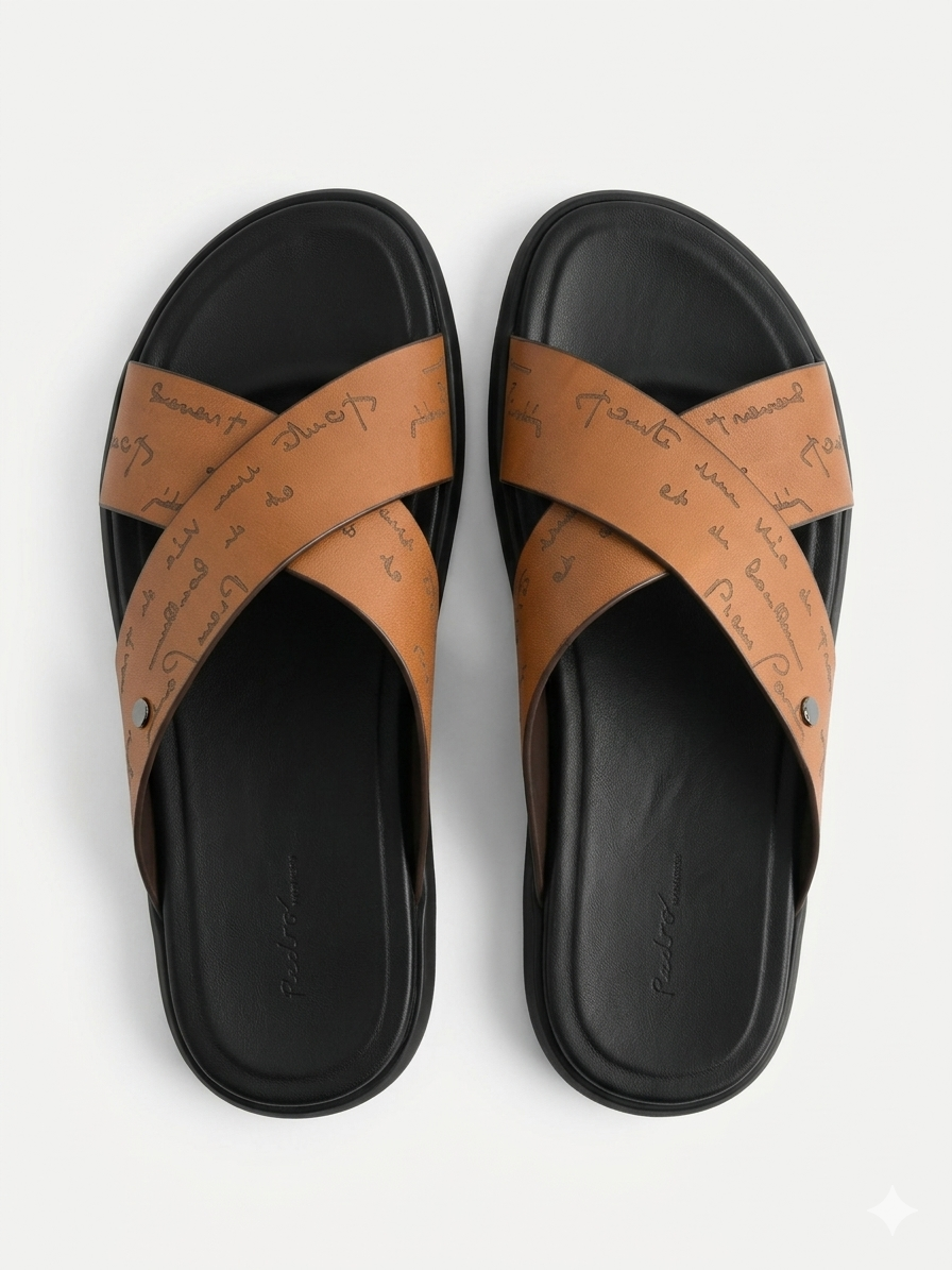 Lucas Premium Engraved Leather Double Strap Cross Slippers