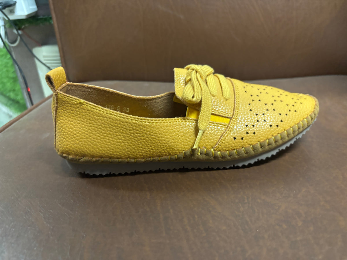 Iris Perforated Cushioned Lace Up Espadrille Loafers in Yellow - The Heels India