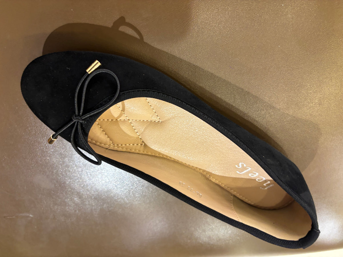Charlette Cushioned Flat Knot Bow Suede Ballerinas in Black - The Heels India