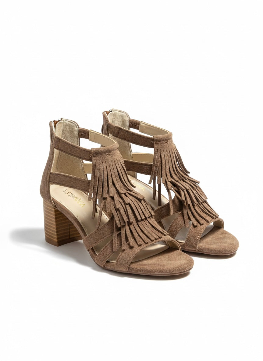 Canyon Breeze Suede Fringe Block Heel Summer Sandals - The Heels India